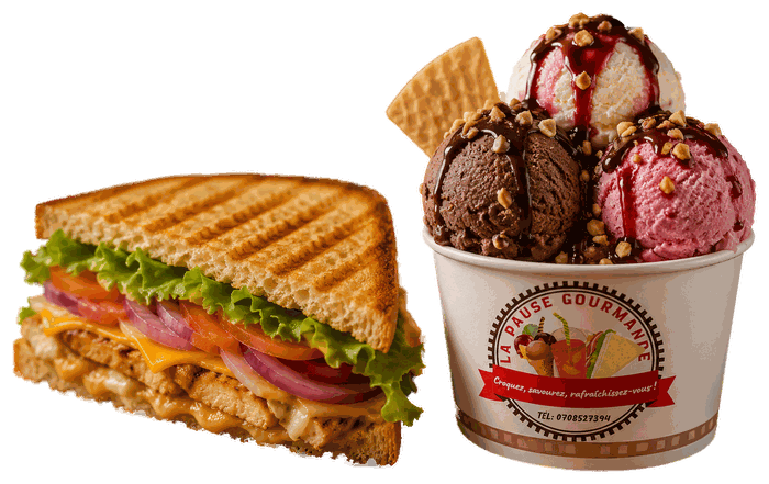 Un sandwich au poulet grillé et une coupe de trois boules de glace — chocolat, vanille et fraise — nappées de chocolat et de cacahuètes, dans un gobelet La Pause Gourmande.